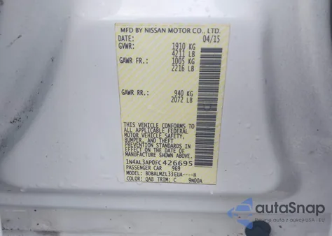 2015 Nissan Altima 2.5 Sv из США, поврежденный, VIN 1N4AL3AP0FC426695